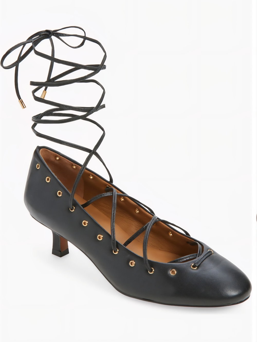 Madewell Black Lace-Up Kitten Heel Pumps with Gold Eyelets
